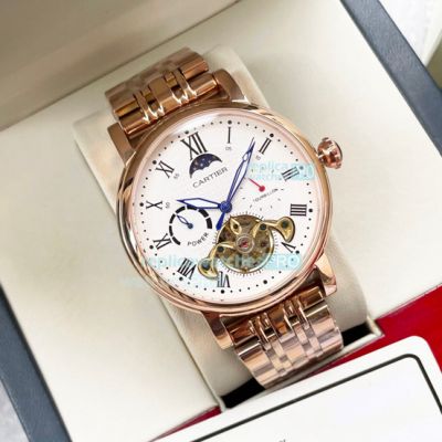 Replica Cartier White Dial Moonphase Tourbillon Rose Gold Watch 42mm